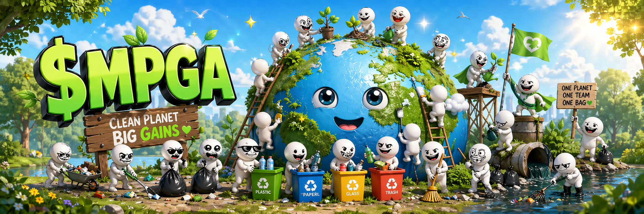 Cartoon white characters cleaning planet Earth with the $MPGA logo